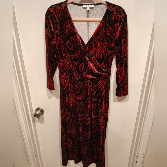 Chaus Velvet Red & Black Paisley Print Faux Wrap Dress Sz S Whimsigoth Vampire - Picture 1 of 7